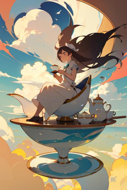 03315-3333079985-A girl sitting on a giant teacup, surrounded by floating teapot-shaped clouds._lora_flat2_1.2_,.png